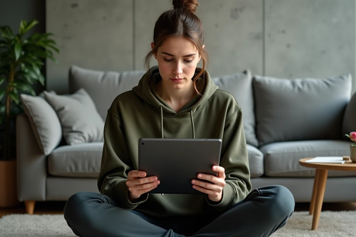 Jeune femme configurant un compte mail académique sur une tablette Samsung depuis son canapé