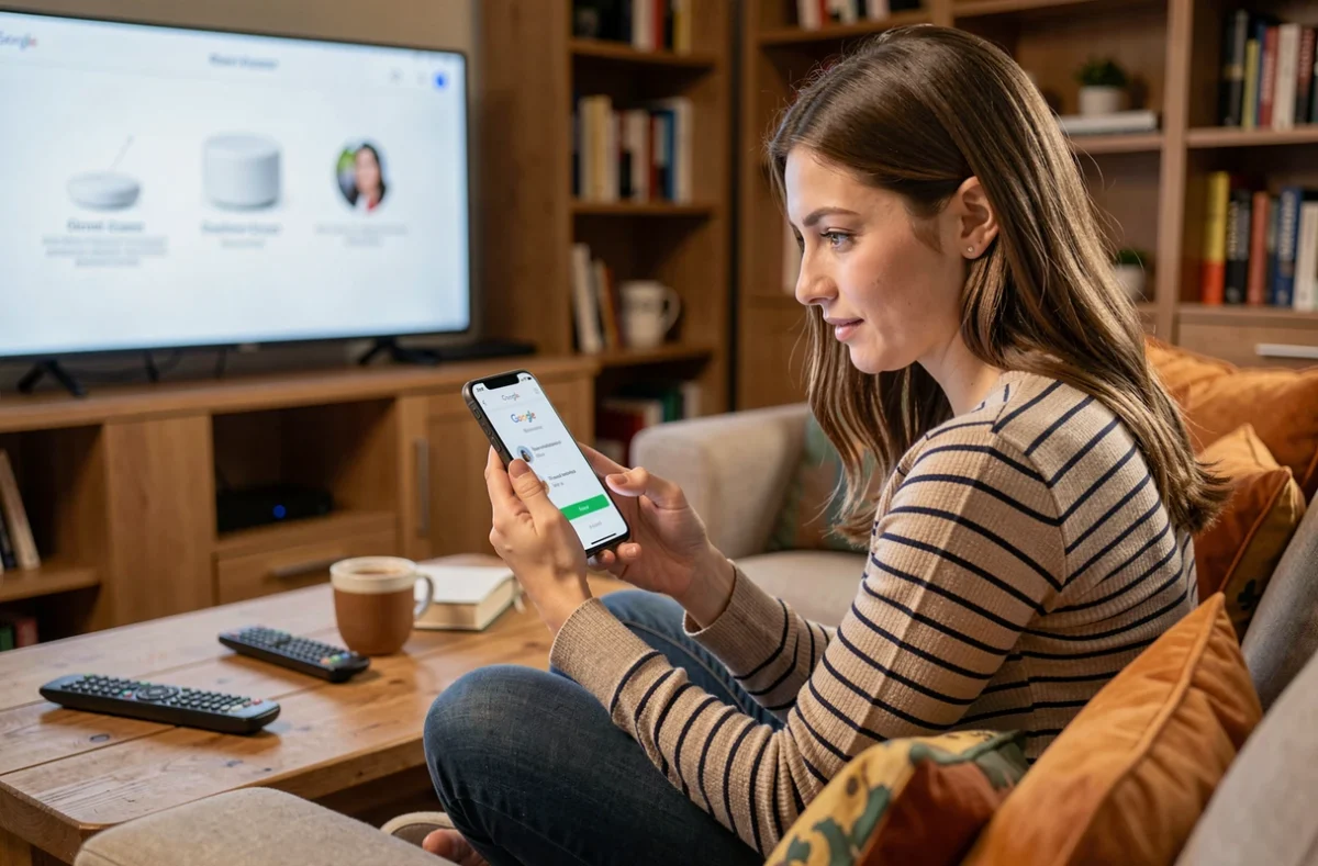 Femme configurant l'application Google Home sur smartphone pour installer un Chromecast