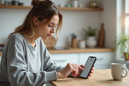 Femme configurant l'adresse mail ac-montpellier.fr sur un smartphone Android dans une cuisine moderne