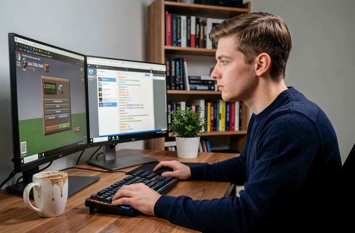 Jeune homme configurant une session multijoueur Minecraft Java Edition sur PC double écran
