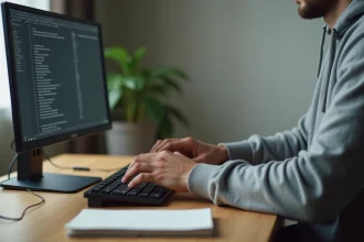 Homme appuyant sur la touche Shift d'un clavier mécanique devant un écran avec tableur ouvert