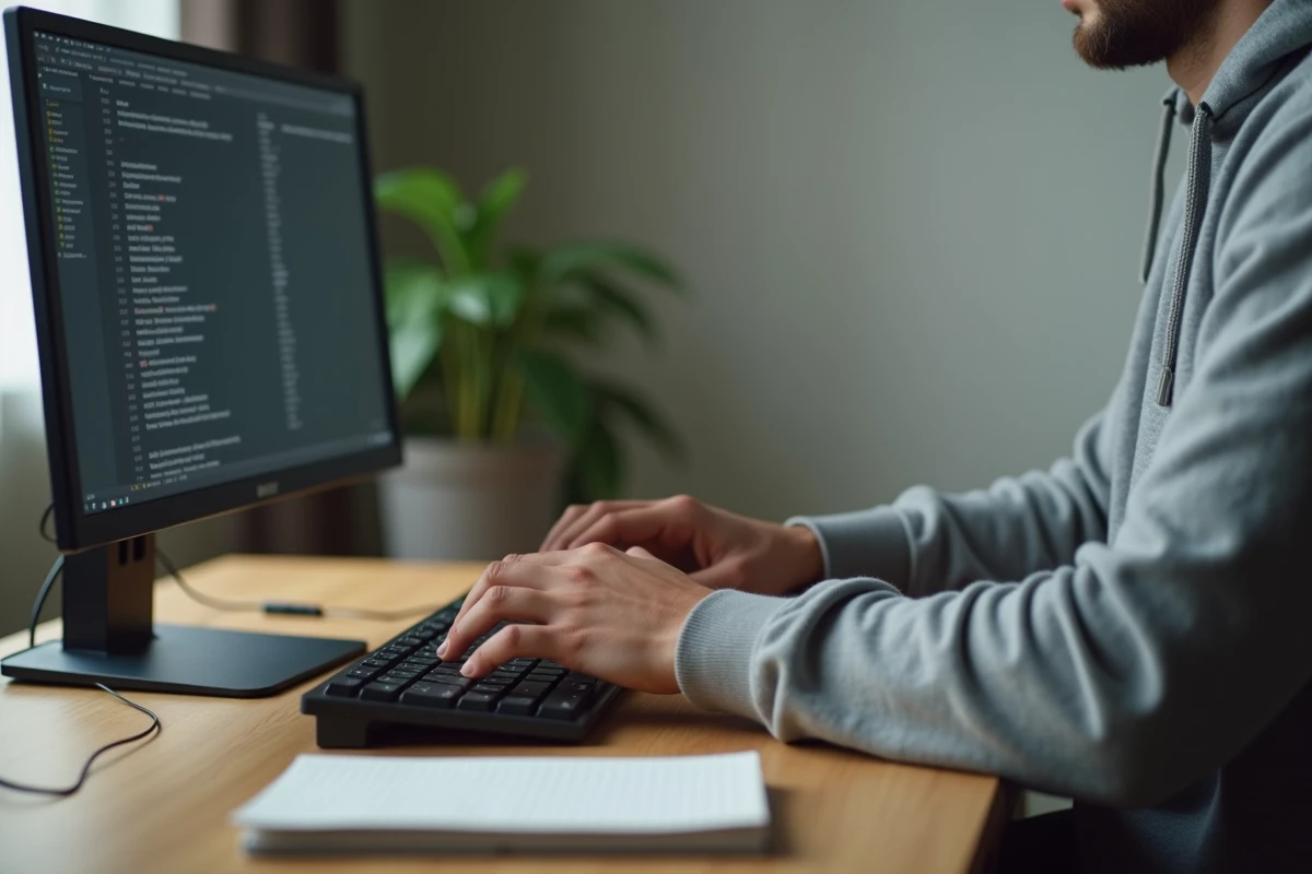 Homme appuyant sur la touche Shift d'un clavier mécanique devant un écran avec tableur ouvert