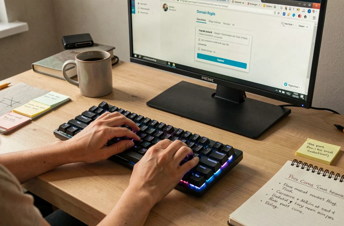 Mains tapant sur un clavier lors de la configuration d'un hébergeur web avec des notes manuscrites sur les noms de domaine
