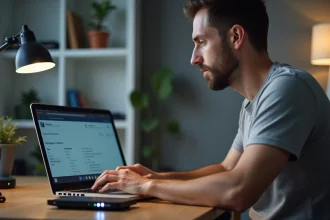 Homme consultant l'interface d'administration de sa Freebox sur un ordinateur portable à son bureau