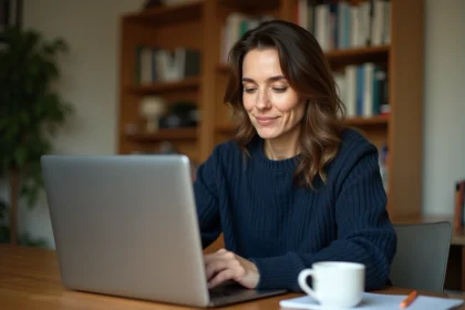 Femme connectant son compte laposte.net mail sur un ordinateur portable dans un bureau à domicile