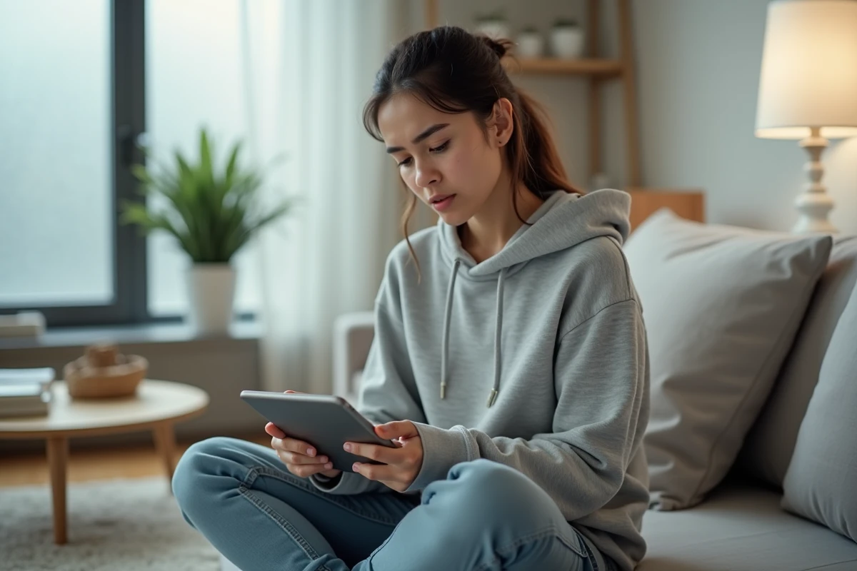 Jeune femme réalisant la connexion à son compte laposte.net mail sur une tablette depuis son salon