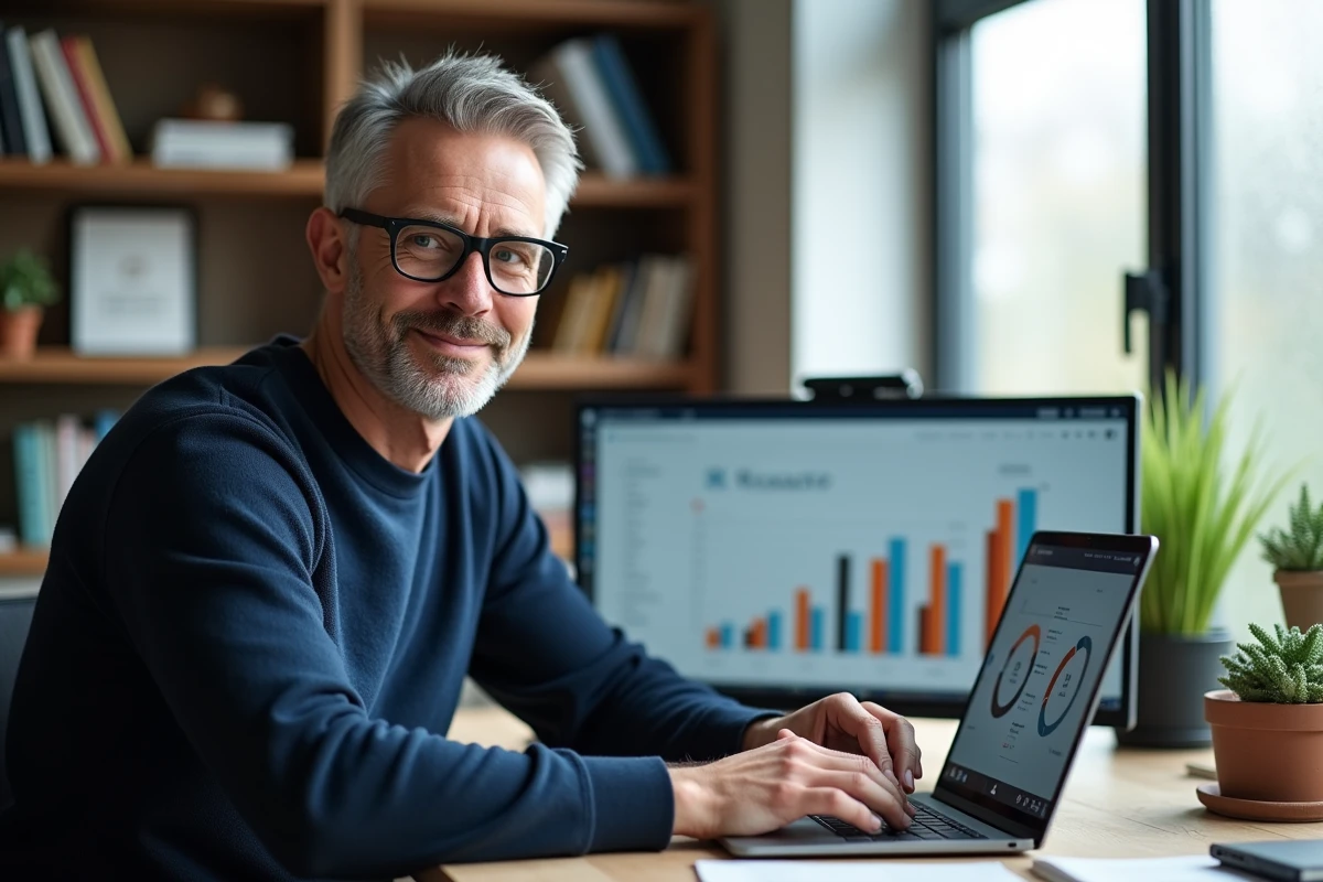 Consultant marketing digital homme analysant les performances d'un test PCS sur ordinateur portable et tablette dans un bureau à domicile