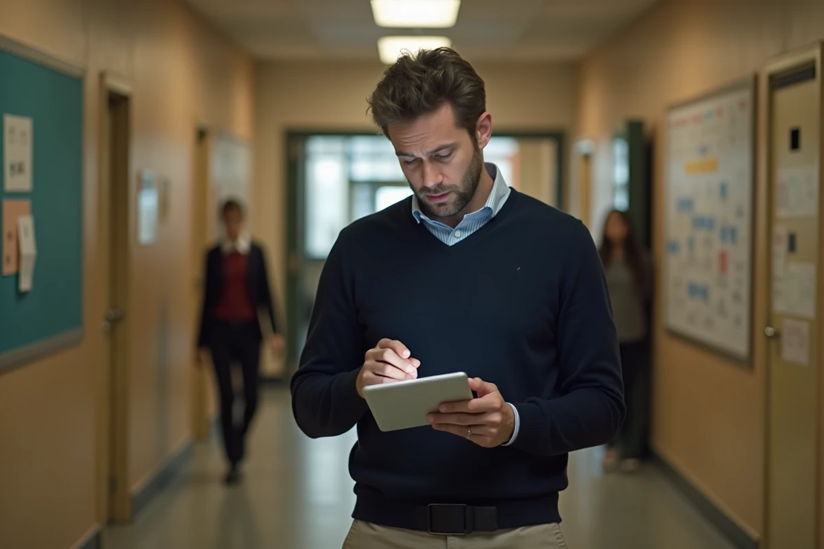Un contractuel de l'Éducation nationale consulte sa messagerie Mel Versailles sur une tablette dans un couloir scolaire