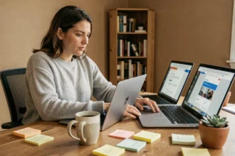 Femme utilisant deux ordinateurs portables côte à côte pour convertir un fichier Pages en Word sans iCloud dans un bureau à domicile