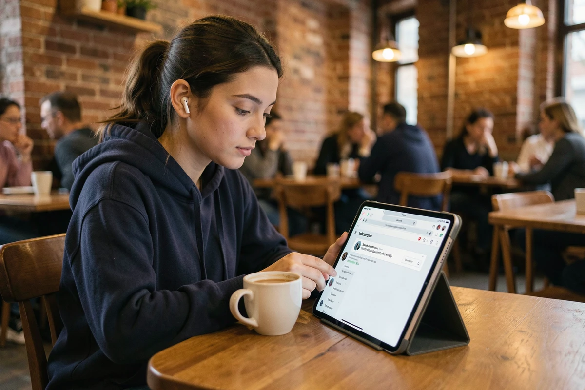 Femme convertissant une vidéo YouTube en MP4 anonymement depuis un café avec une tablette