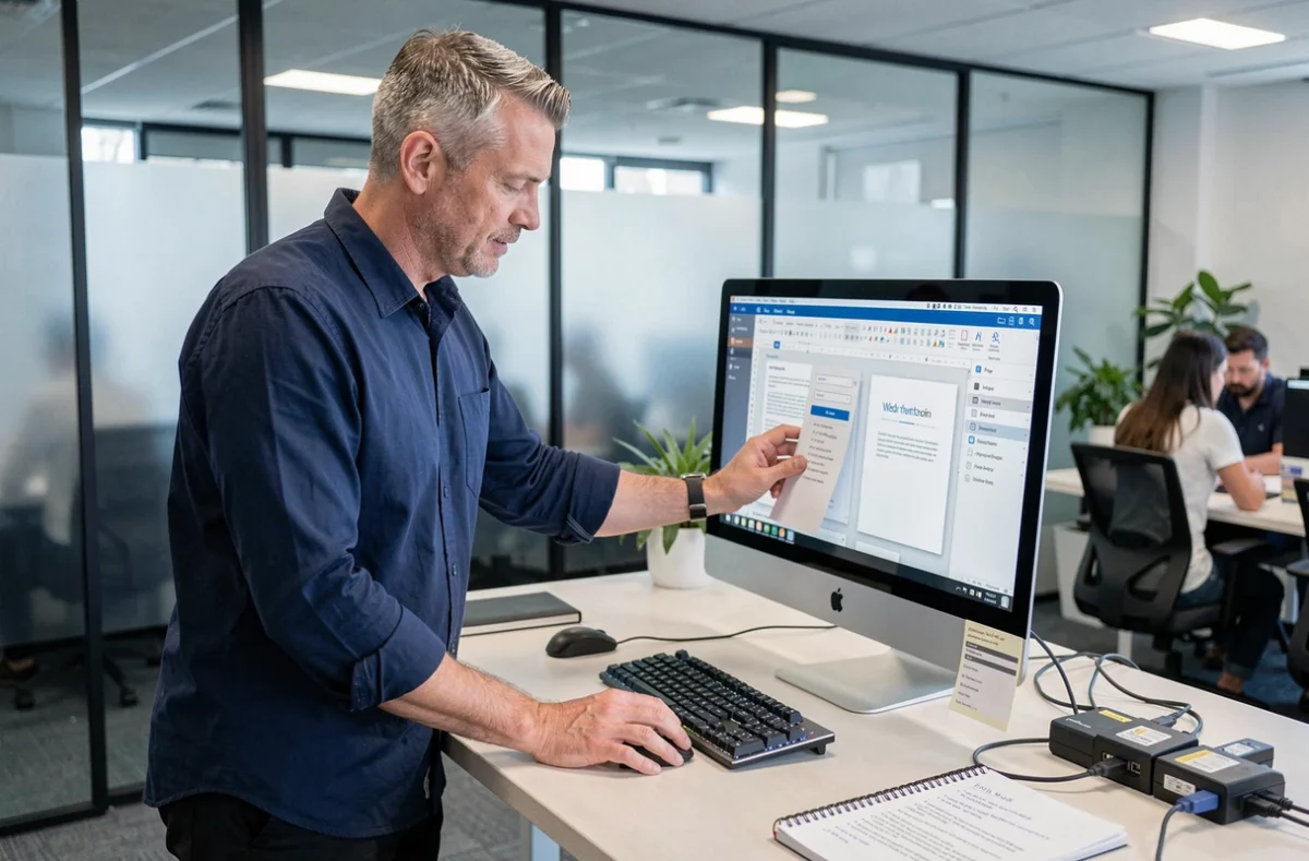 Homme en bureau professionnel consultant un iMac pour convertir des fichiers Pages en documents Word sans utiliser iCloud