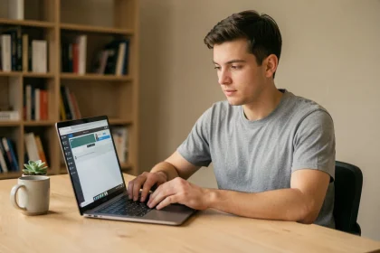 Homme utilisant un convertisseur YouTube en MP4 sans inscription sur son ordinateur portable