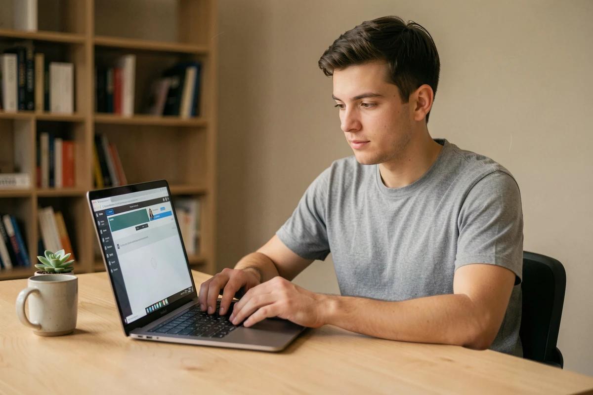 Homme utilisant un convertisseur YouTube en MP4 sans inscription sur son ordinateur portable