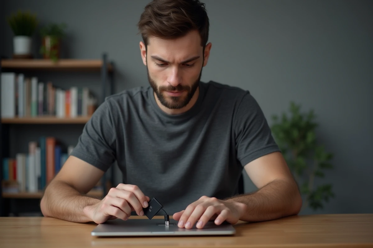 Homme insérant une clé USB dans un ordinateur portable pour créer une clé bootable Windows 7 Professional