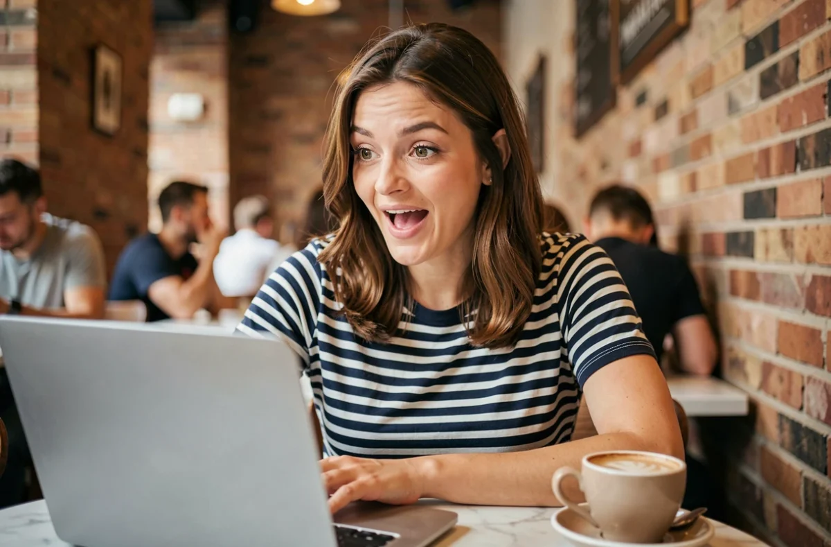 Femme surprise et amusée découvrant l'easter egg Google Do a Barrel Roll dans un café urbain