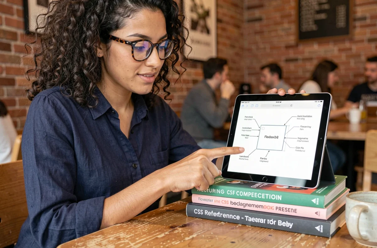 Designer UX expliquant le centrage CSS avec Flexbox sur une tablette dans un café