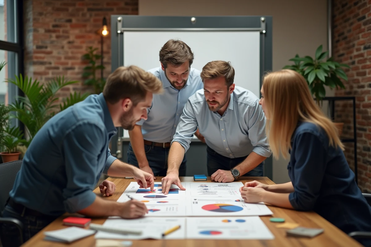 Designer graphique explique une maquette à ses collègues