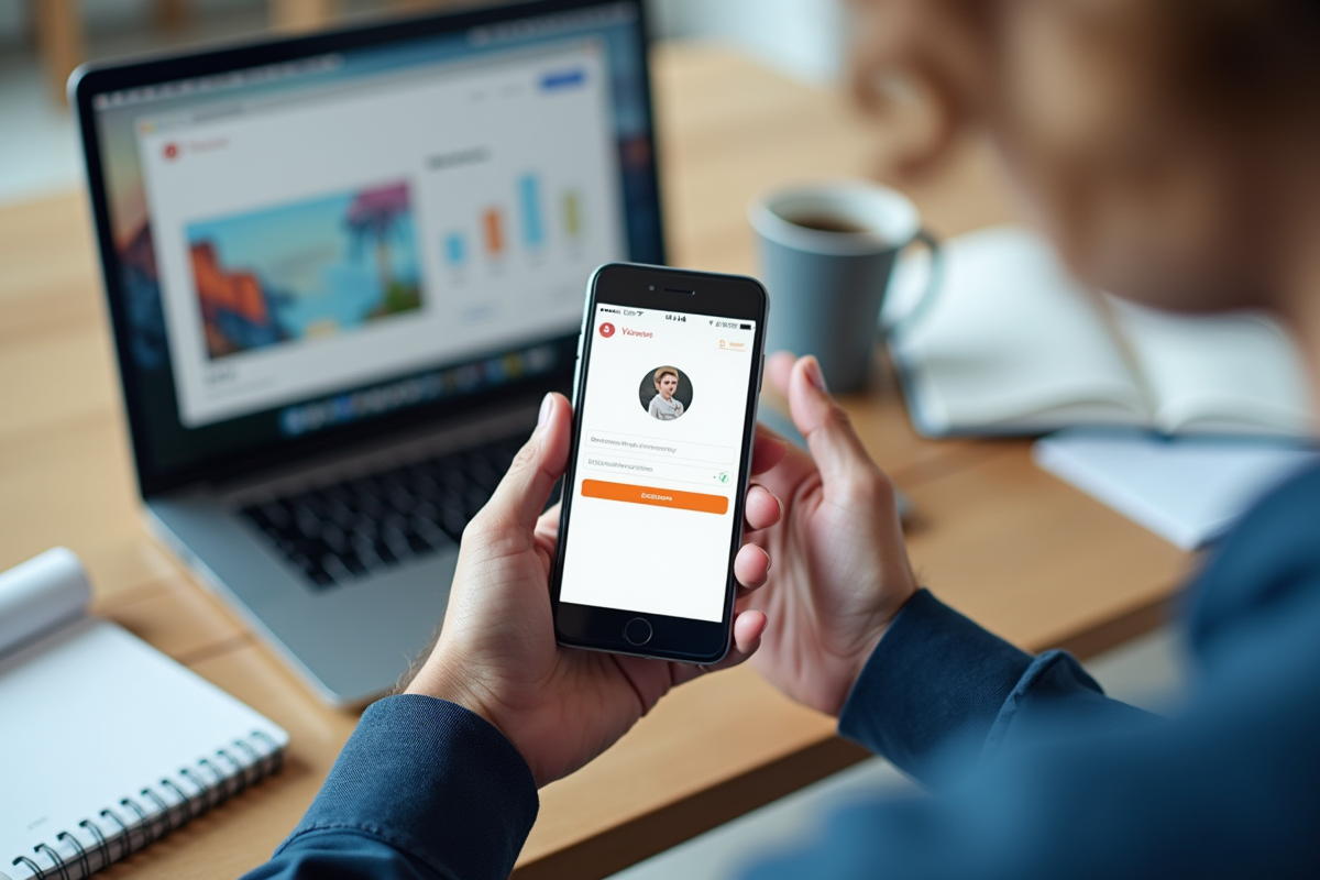 Main d'un designer tenant un smartphone avec une application mobile