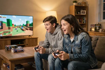 Deux adolescents jouant à Minecraft en mode multijoueur sur console dans un salon cosy