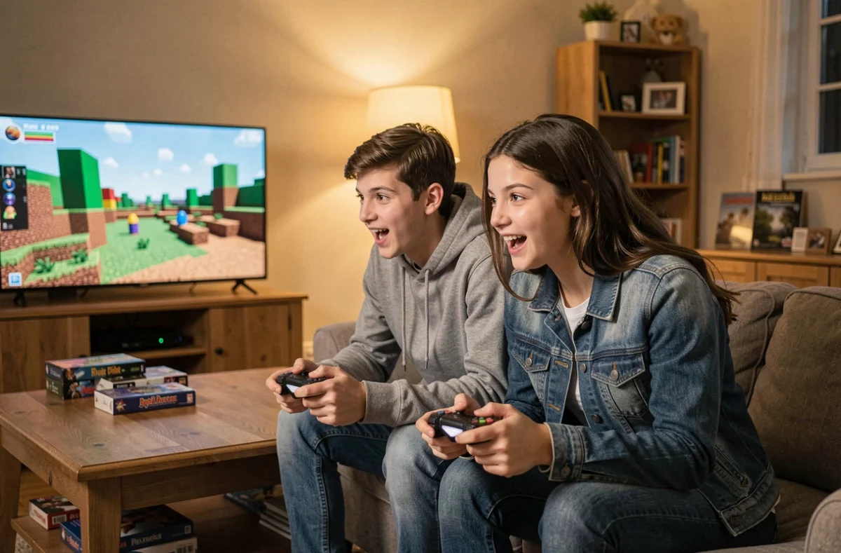 Deux adolescents jouant à Minecraft en mode multijoueur sur console dans un salon cosy