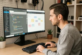 Développeur web comparant les méthodes CSS Flexbox et Grid sur un écran ultra-large dans un bureau moderne