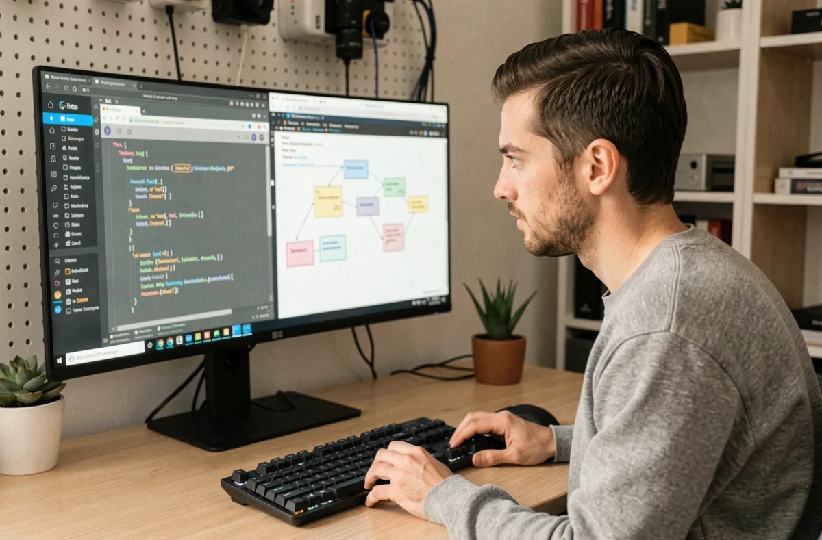 Développeur web comparant les méthodes CSS Flexbox et Grid sur un écran ultra-large dans un bureau moderne