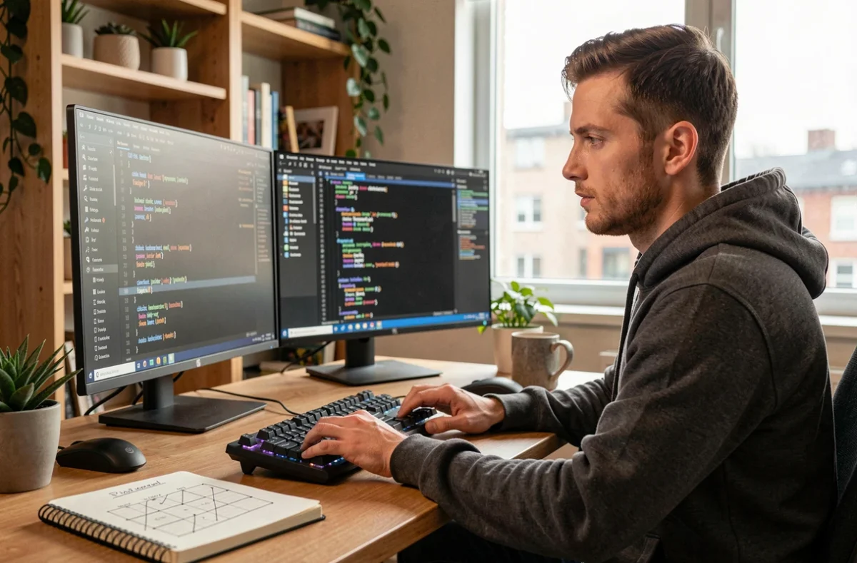 Développeur frontend travaillant sur du code CSS flexbox avec double écran et éditeur de code coloré