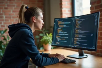 Développeuse web concentrée devant un écran affichant du code avec des caractères antislash et séquences d'échappement en coloration syntaxique