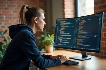 Développeuse web concentrée devant un écran affichant du code avec des caractères antislash et séquences d'échappement en coloration syntaxique