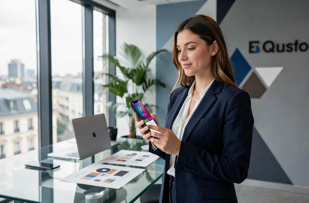 Professionnelle de l'agence Digital Unicorn à Neuilly-sur-Seine présentant une application mobile sur smartphone