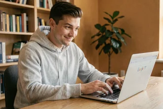 Jeune homme souriant tapant 'Do a Barrel Roll' dans Google sur un laptop dans un bureau à domicile