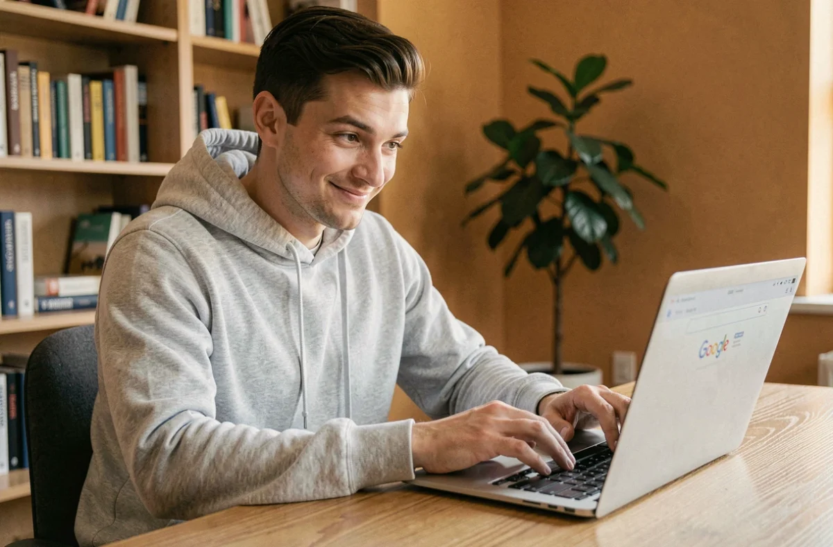 Jeune homme souriant tapant 'Do a Barrel Roll' dans Google sur un laptop dans un bureau à domicile