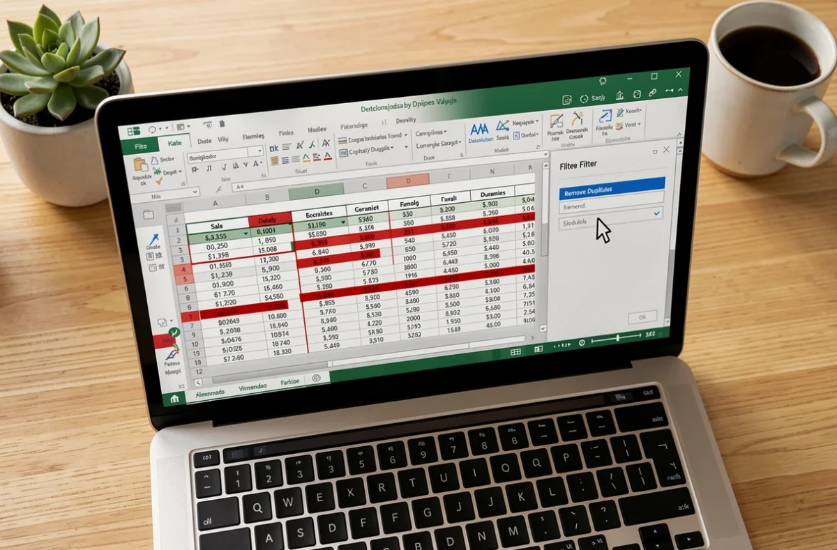 Gros plan sur un écran Excel avec des doublons surlignés et l'option de suppression active