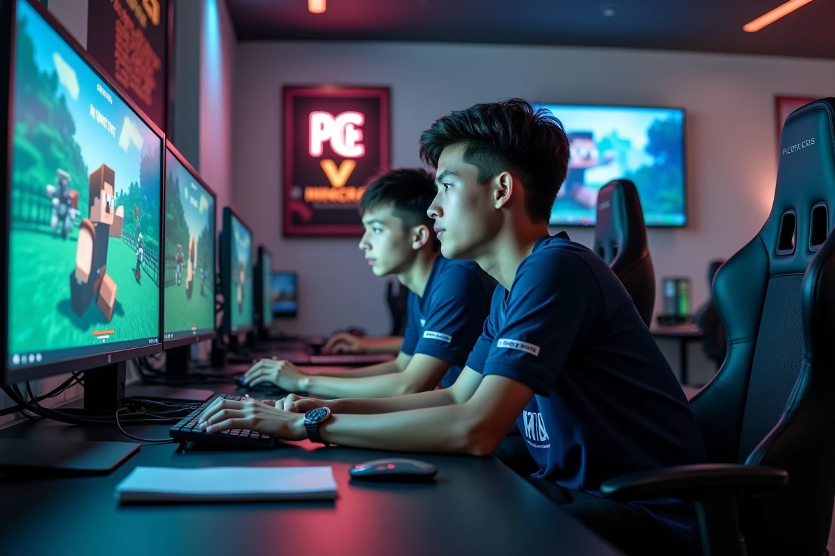 Deux joueurs en salle d'entraînement esports travaillant le click Kohi pour améliorer leur PVP Minecraft