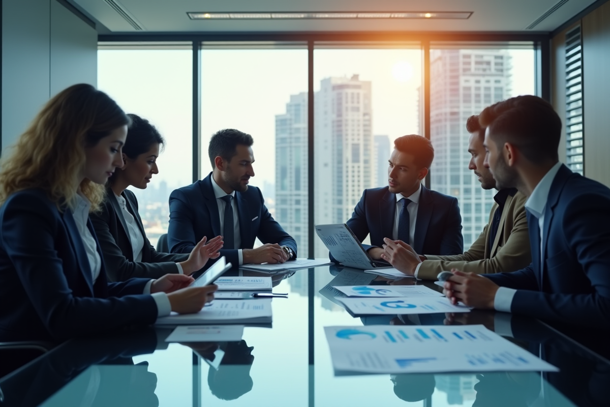 Groupe de professionnels analysant des données et graphiques