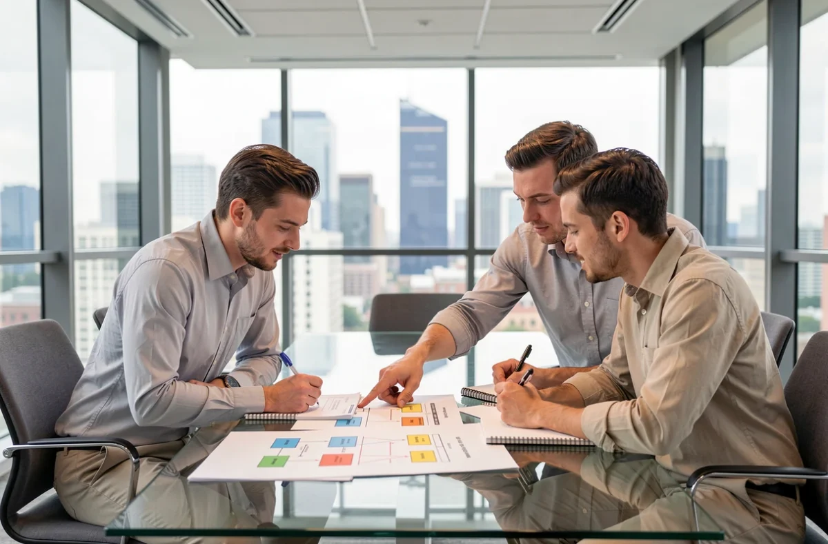 Équipe de développeurs en réunion collaborant sur des diagrammes de modélisation relationnelle MCD MLD MPD imprimés sur table en verre