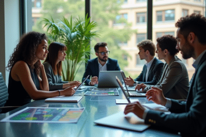 Groupe de professionnels collaborant autour d'une table avec des graphiques colorés