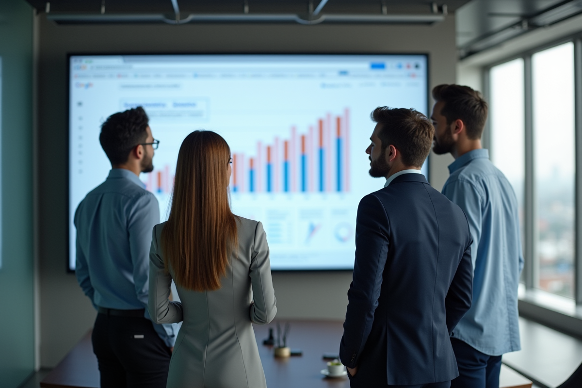 Groupe de professionnels discutant devant un écran de classement Google