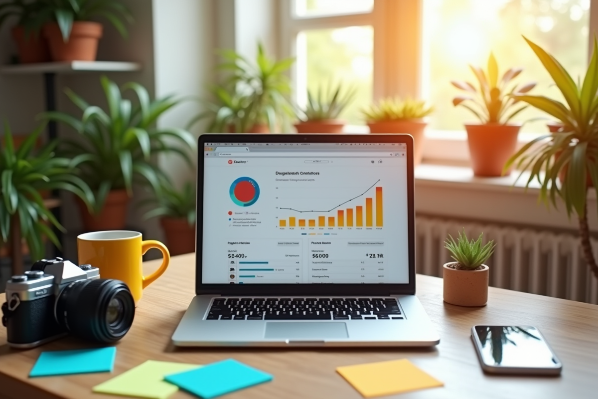 Espace de travail créatif avec ordinateur et analytics Instagram