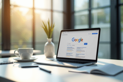 Espace de travail moderne avec ordinateur et café lumineux