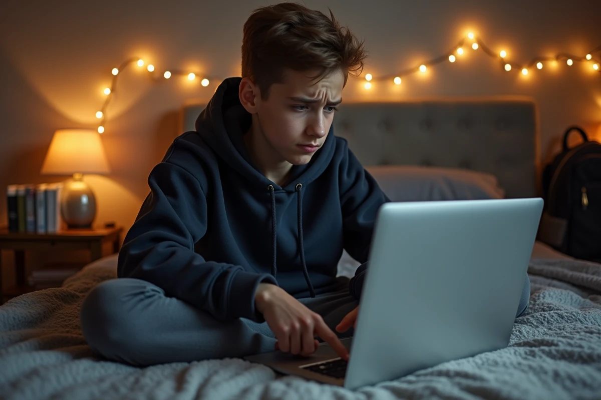 Étudiant adolescent perplexe face à un clavier d'ordinateur portable avec une disposition inversée dans une chambre