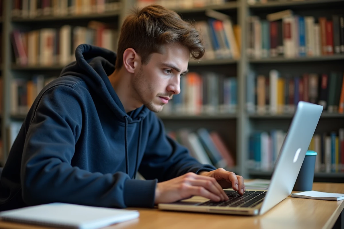 Étudiant en bibliothèque universitaire testant sa vitesse de frappe sur le clavier d'un ordinateur portable