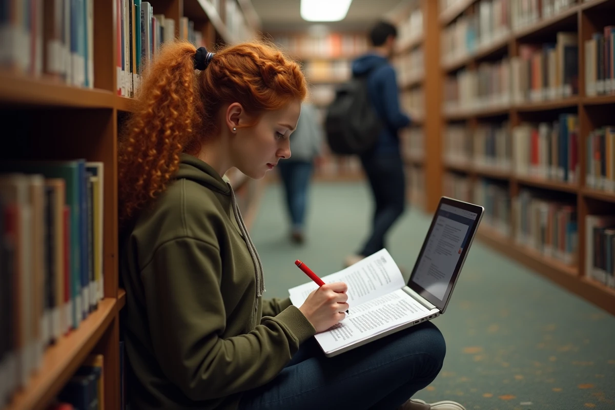 Étudiante annotant une rédaction imprimée tout en consultant un correcteur orthographique en ligne dans une bibliothèque universitaire