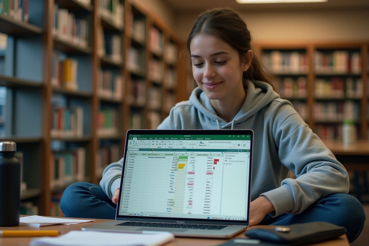 Étudiante consultant une feuille Excel avec des calculs de moyennes dans une bibliothèque universitaire