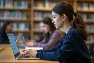 Étudiante consultant son webmail universitaire sur un ordinateur portable dans une bibliothèque universitaire