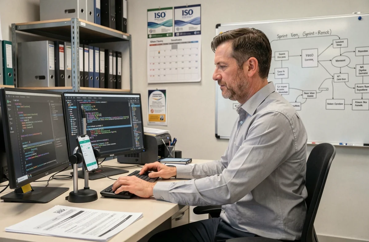 Ingénieur logiciel d'Euro Tech Conseil analysant un build d'application mobile dans un bureau de conseil informatique
