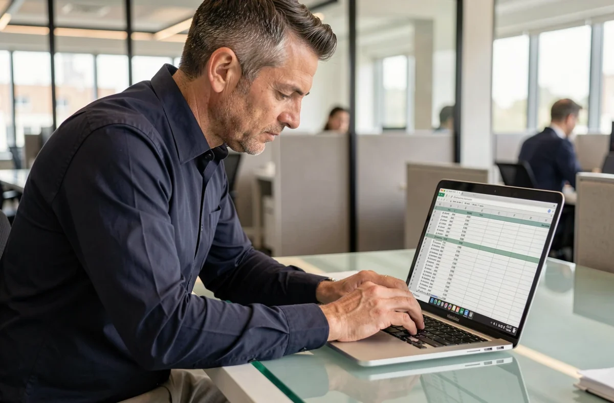 Homme en entreprise travaillant sur un fichier Excel ouvert sur laptop, cherchant à fusionner des données et supprimer les lignes vides sans erreur