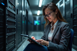 Experte en cybersécurité analysant des données sur une tablette dans un serveur