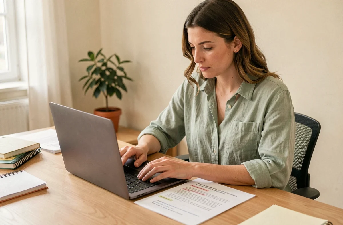 Femme utilisant Leonardo AI en français pour adapter des prompts anglais sur son ordinateur portable dans un bureau à domicile