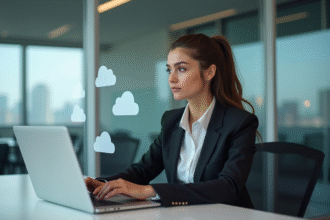 Jeune femme en costume d'affaires regardant des icônes nuage